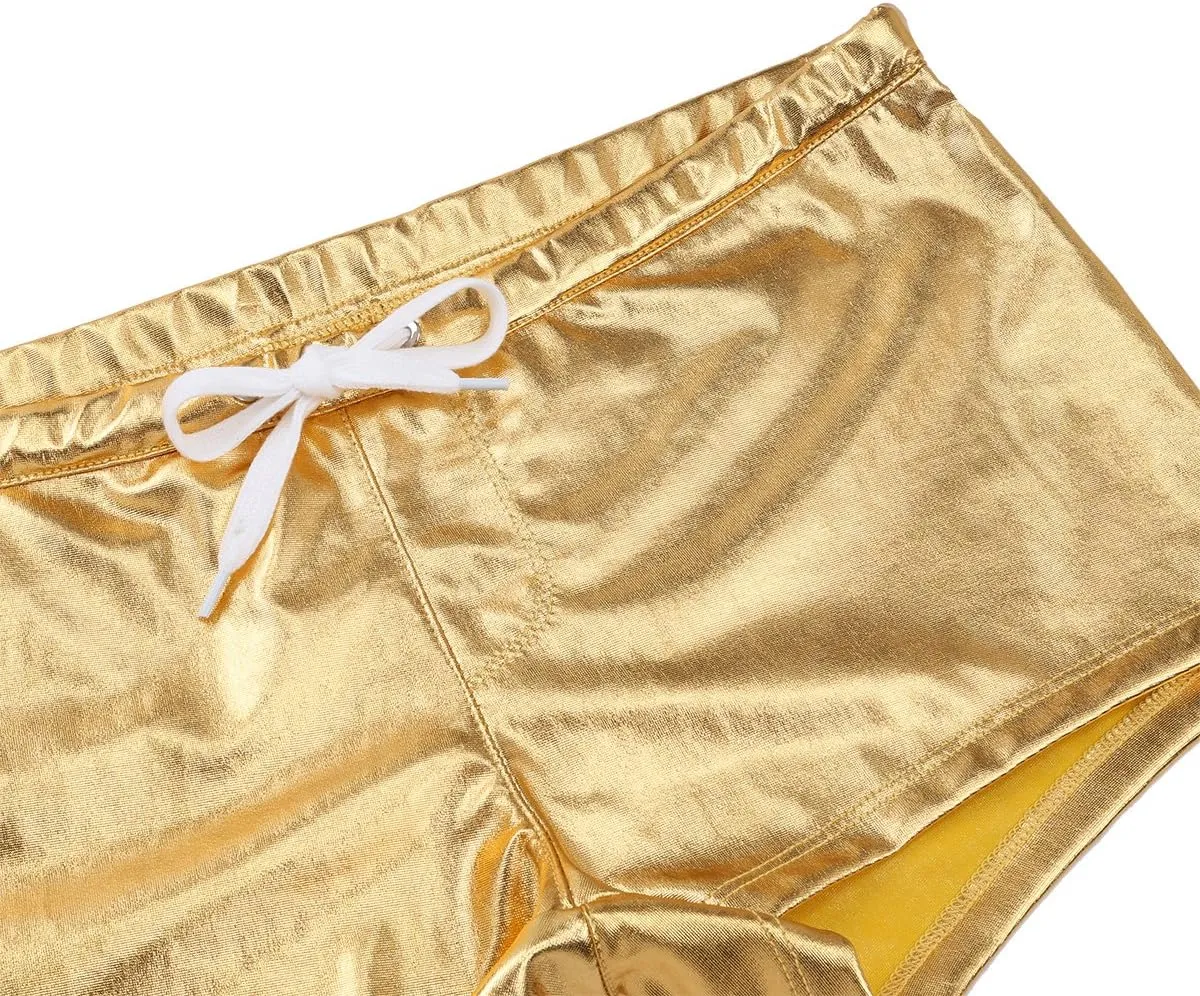 Mufeng Men's Wetlook Metallic Leather Boxer Briefs Drawstring Bikini Underwear Swim Trunks Beachwear
