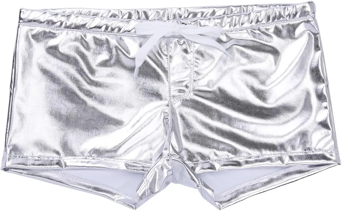 Mufeng Men's Wetlook Metallic Leather Boxer Briefs Drawstring Bikini Underwear Swim Trunks Beachwear