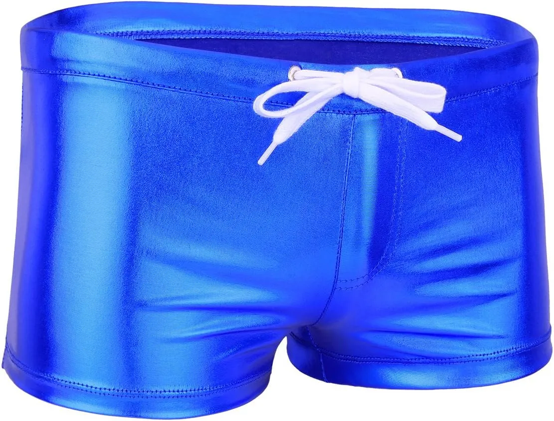 Mufeng Men's Wetlook Metallic Leather Boxer Briefs Drawstring Bikini Underwear Swim Trunks Beachwear
