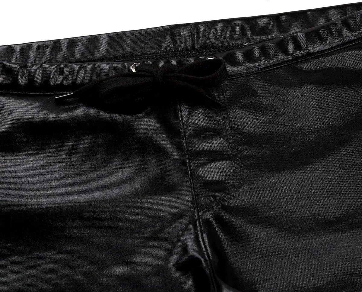 Mufeng Men's Wetlook Metallic Leather Boxer Briefs Drawstring Bikini Underwear Swim Trunks Beachwear