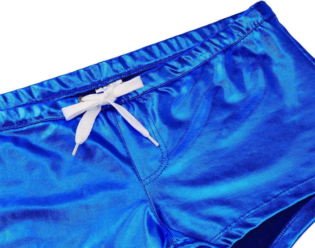 Mufeng Men's Wetlook Metallic Leather Boxer Briefs Drawstring Bikini Underwear Swim Trunks Beachwear