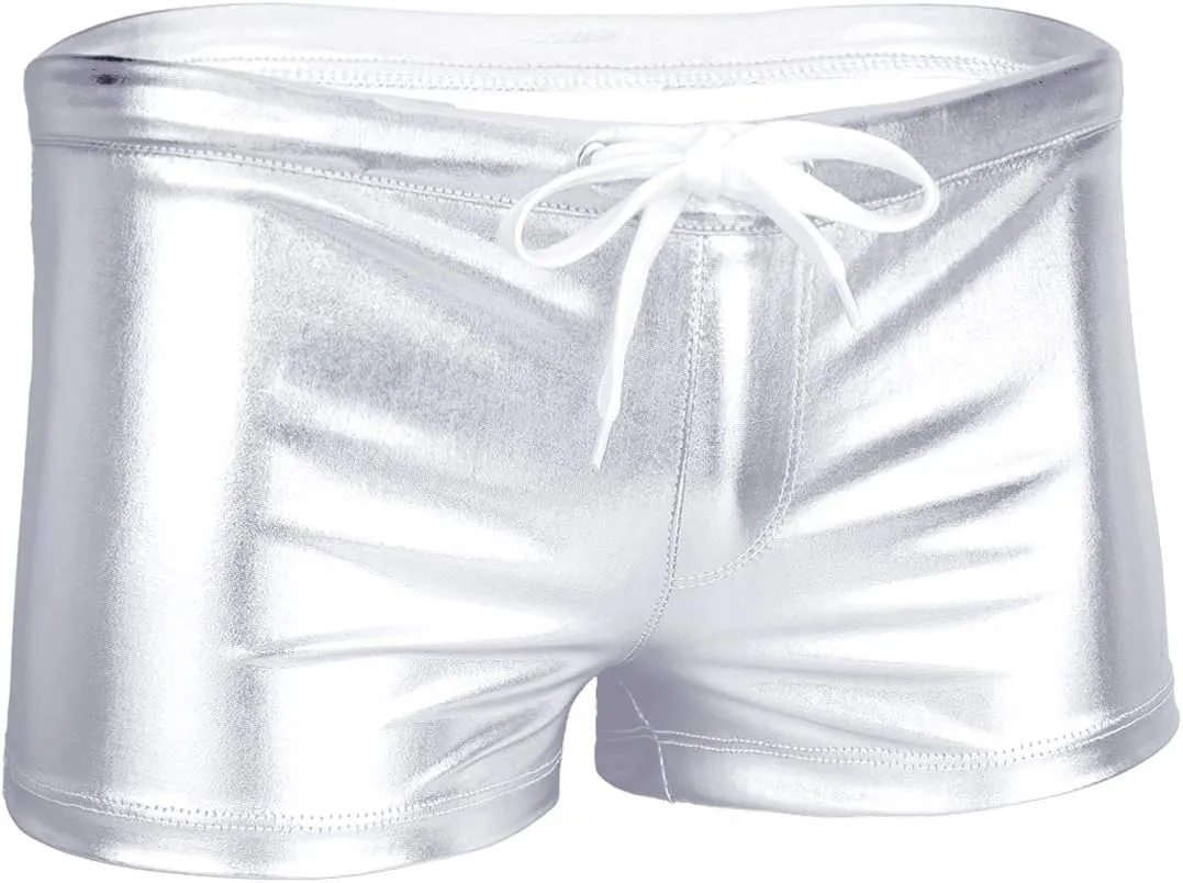 Mufeng Men's Wetlook Metallic Leather Boxer Briefs Drawstring Bikini Underwear Swim Trunks Beachwear