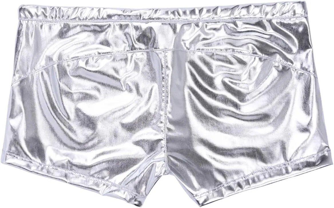 Mufeng Men's Wetlook Metallic Leather Boxer Briefs Drawstring Bikini Underwear Swim Trunks Beachwear