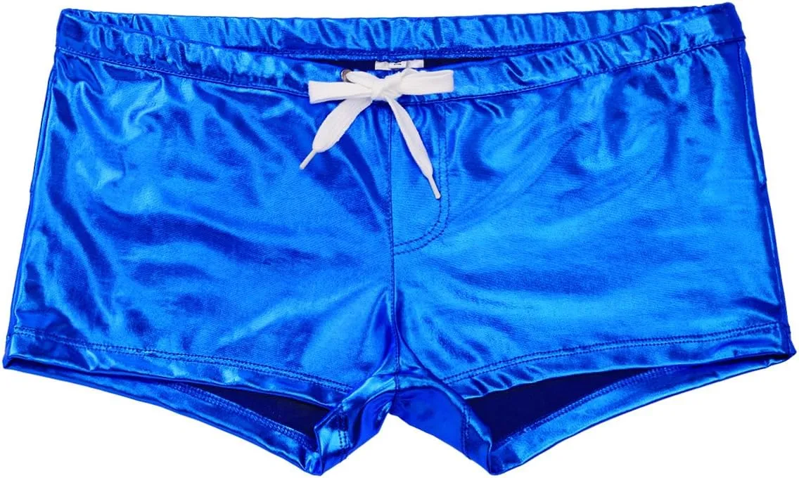 Mufeng Men's Wetlook Metallic Leather Boxer Briefs Drawstring Bikini Underwear Swim Trunks Beachwear