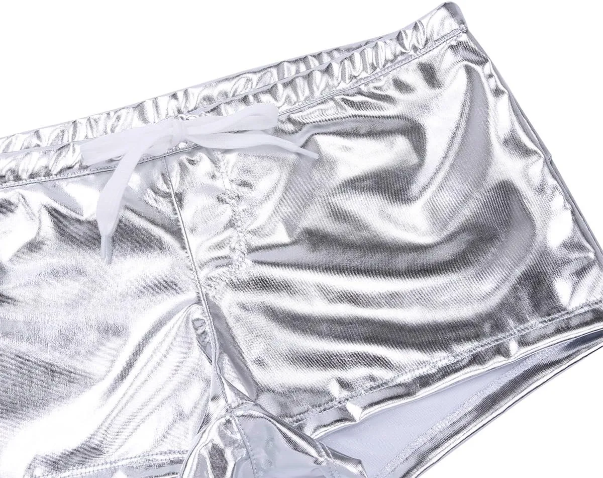 Mufeng Men's Wetlook Metallic Leather Boxer Briefs Drawstring Bikini Underwear Swim Trunks Beachwear