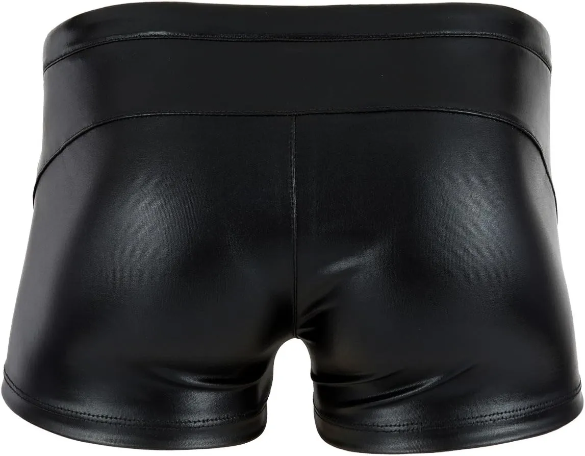 Mufeng Men's Wetlook Metallic Leather Boxer Briefs Drawstring Bikini Underwear Swim Trunks Beachwear