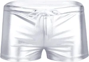 Mufeng Men's Wetlook Metallic Leather Boxer Briefs Drawstring Bikini Underwear Swim Trunks Beachwear