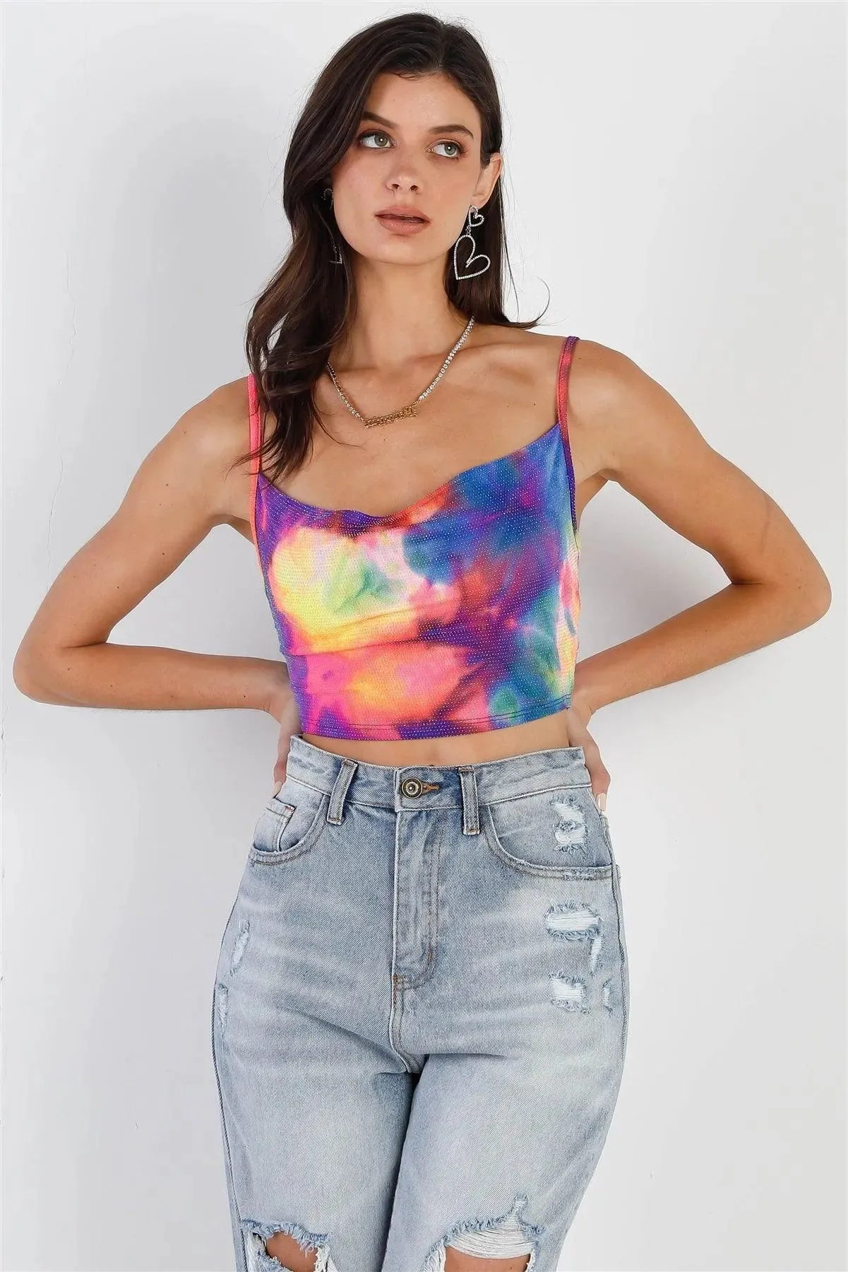 Multi Color Neon Tie-Dye Lurex Cowl Neck Sleeveless Crop Top /2-2-1