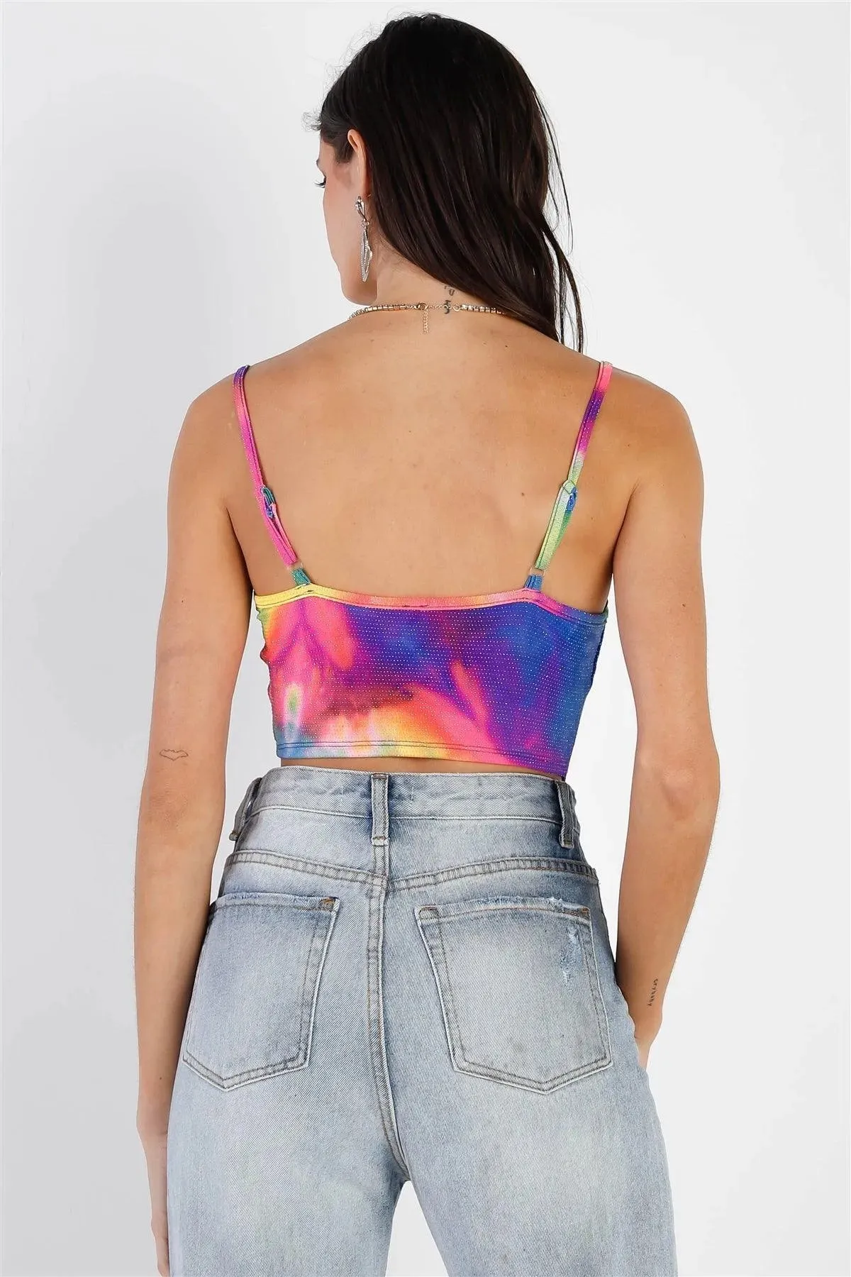 Multi Color Neon Tie-Dye Lurex Cowl Neck Sleeveless Crop Top /2-2-1