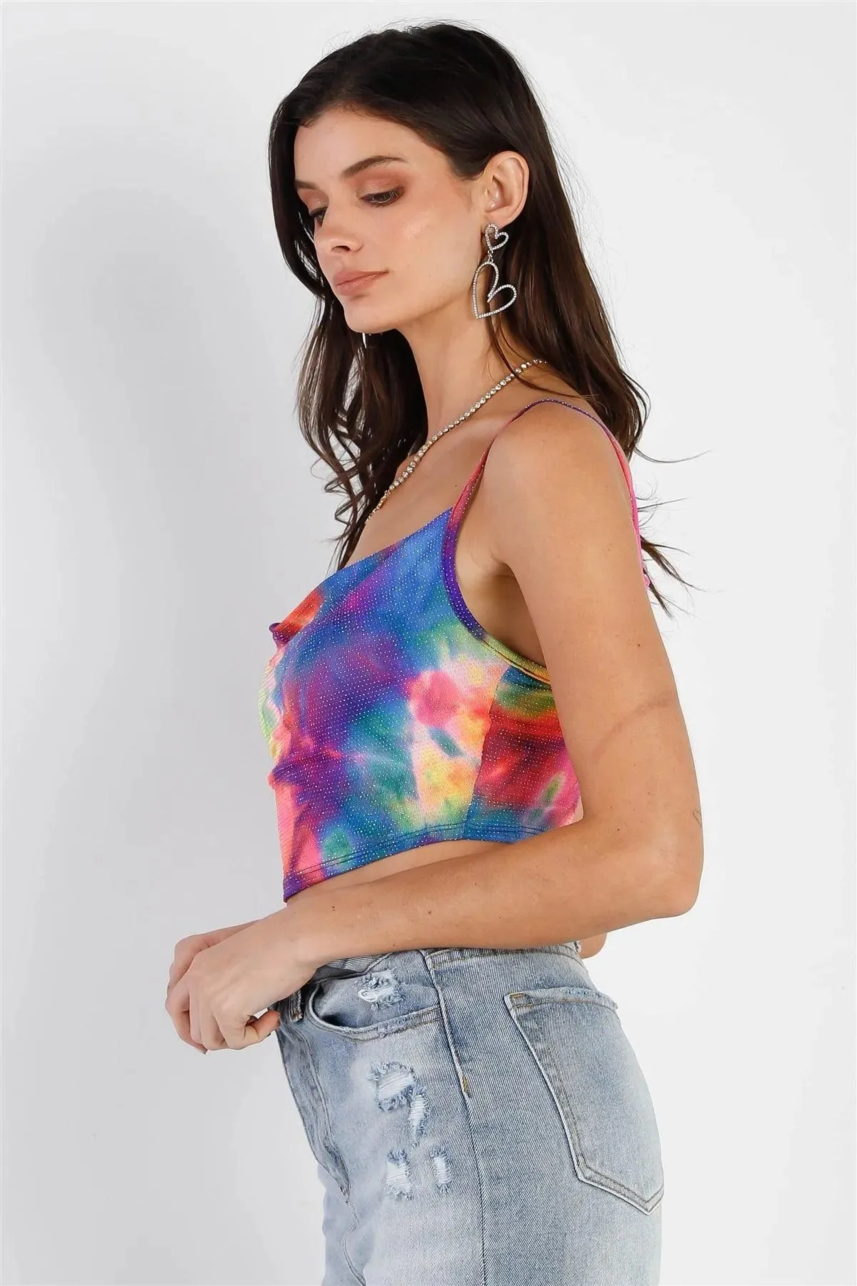 Multi Color Neon Tie-Dye Lurex Cowl Neck Sleeveless Crop Top /2-2-1