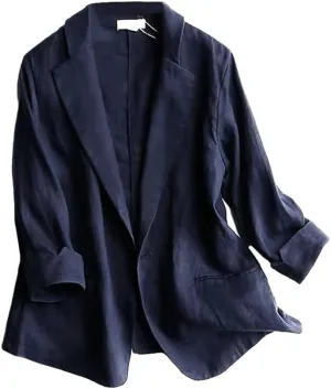 Mywinway Womens Casual 3/4 Sleeve Lightweight Summer Spring Cotton Linen Blazer Jackets