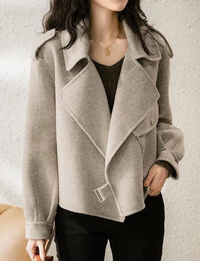 Mywinway Wool Cropped Trench Coat for Women 2024 Fall Winter Pea Coats Overcoat Open Front Overcoat Jackets with Pockets