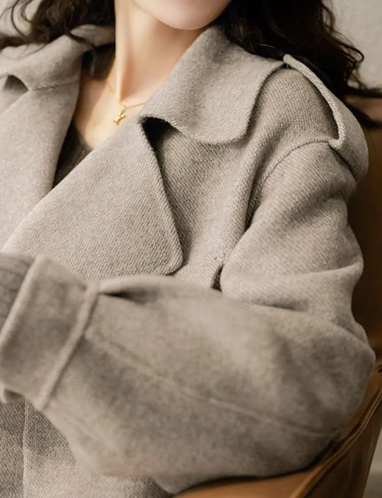 Mywinway Wool Cropped Trench Coat for Women 2024 Fall Winter Pea Coats Overcoat Open Front Overcoat Jackets with Pockets
