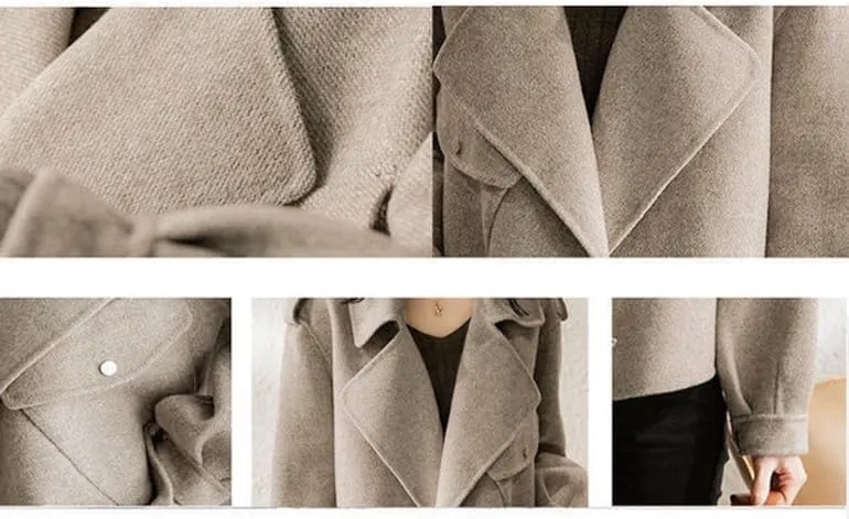 Mywinway Wool Cropped Trench Coat for Women 2024 Fall Winter Pea Coats Overcoat Open Front Overcoat Jackets with Pockets