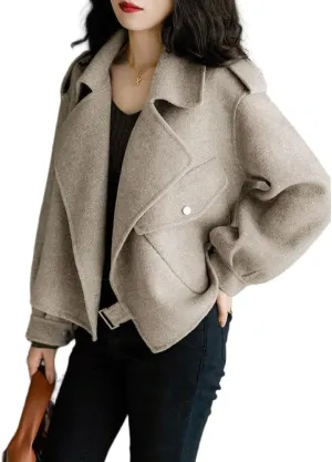 Mywinway Wool Cropped Trench Coat for Women 2024 Fall Winter Pea Coats Overcoat Open Front Overcoat Jackets with Pockets