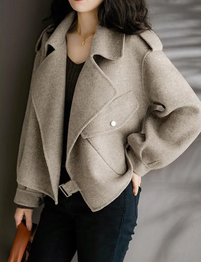 Mywinway Wool Cropped Trench Coat for Women 2024 Fall Winter Pea Coats Overcoat Open Front Overcoat Jackets with Pockets