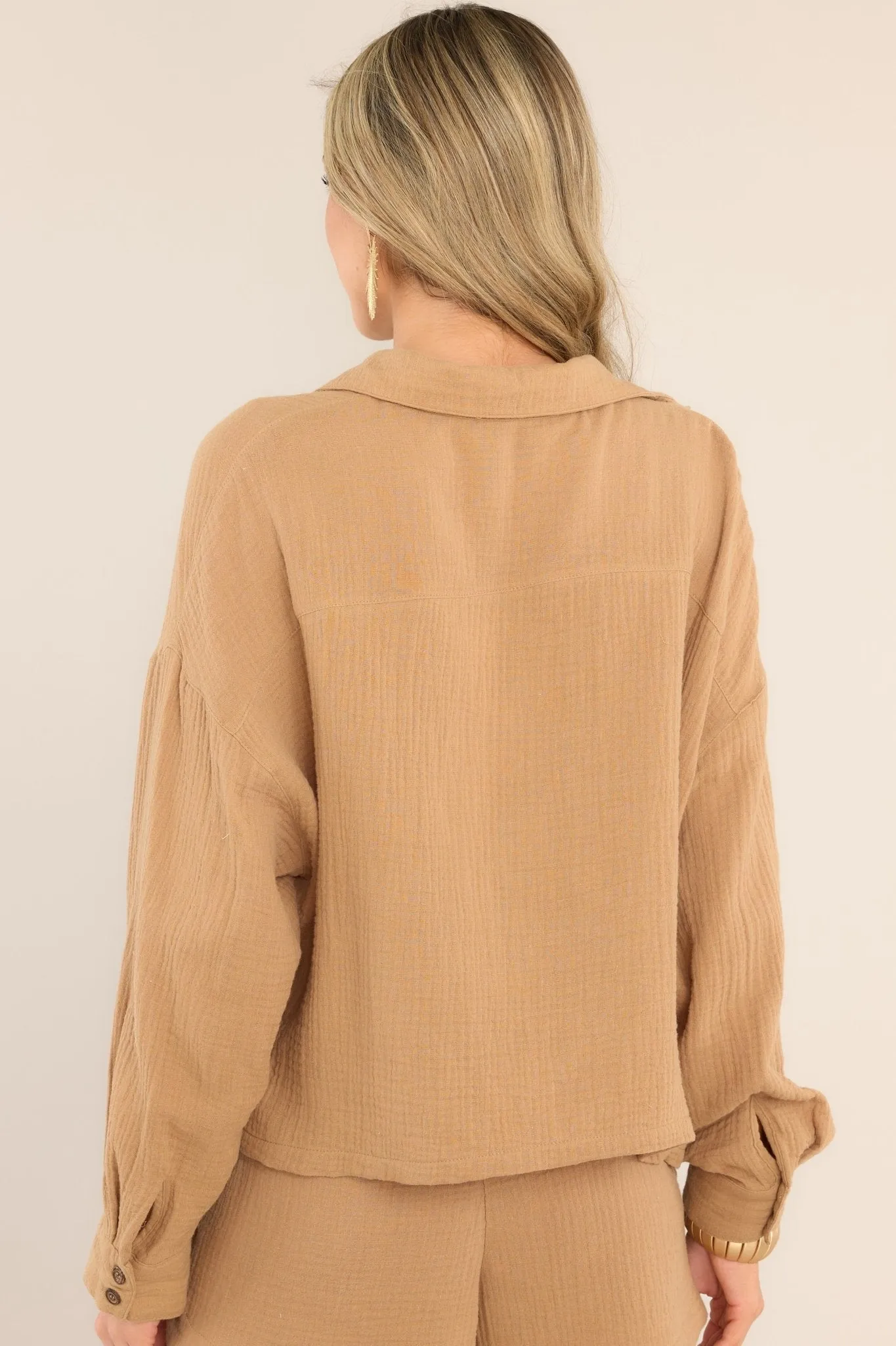 Never Leaving Tan Gauze Button Front Cropped Top