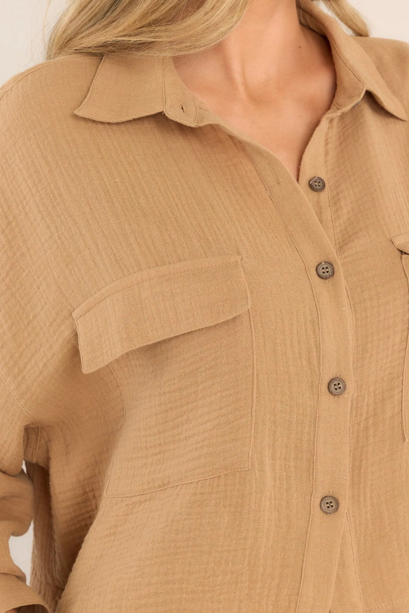Never Leaving Tan Gauze Button Front Cropped Top