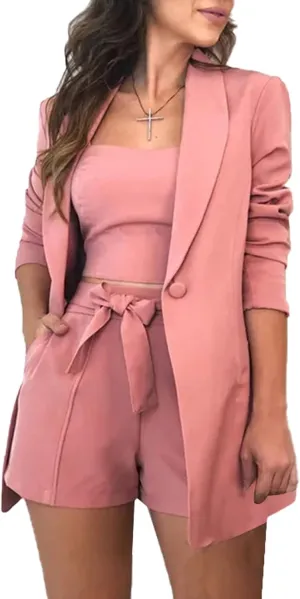 NRTHYE Women Sexy Bussiness Outfits 3 Piece Open Front Button Blazers   Crop Tops   Belted Shorts Set Jumpsuits