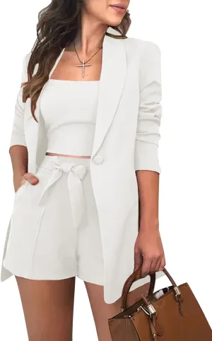 NRTHYE Women Sexy Bussiness Outfits 3 Piece Open Front Button Blazers   Crop Tops   Belted Shorts Set Jumpsuits