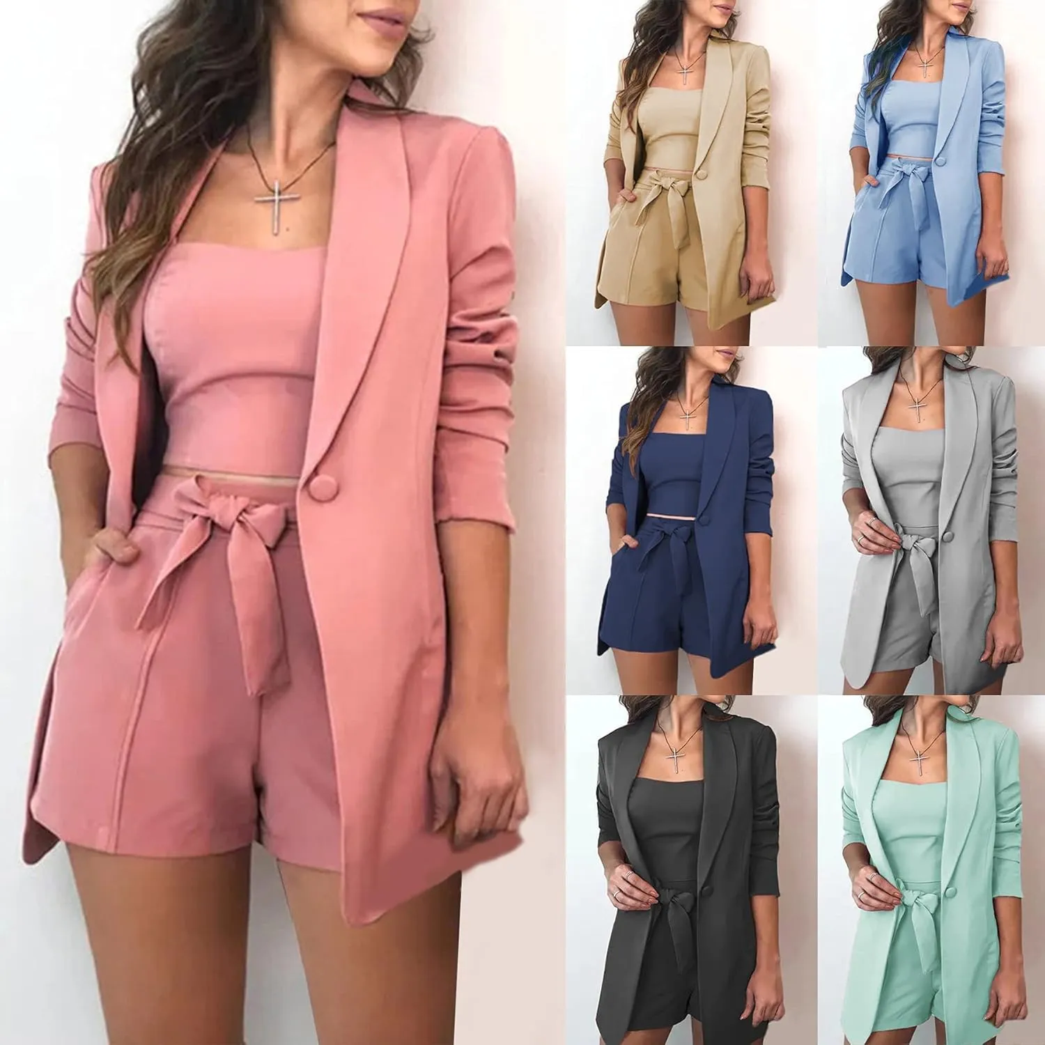 NRTHYE Women Sexy Bussiness Outfits 3 Piece Open Front Button Blazers   Crop Tops   Belted Shorts Set Jumpsuits