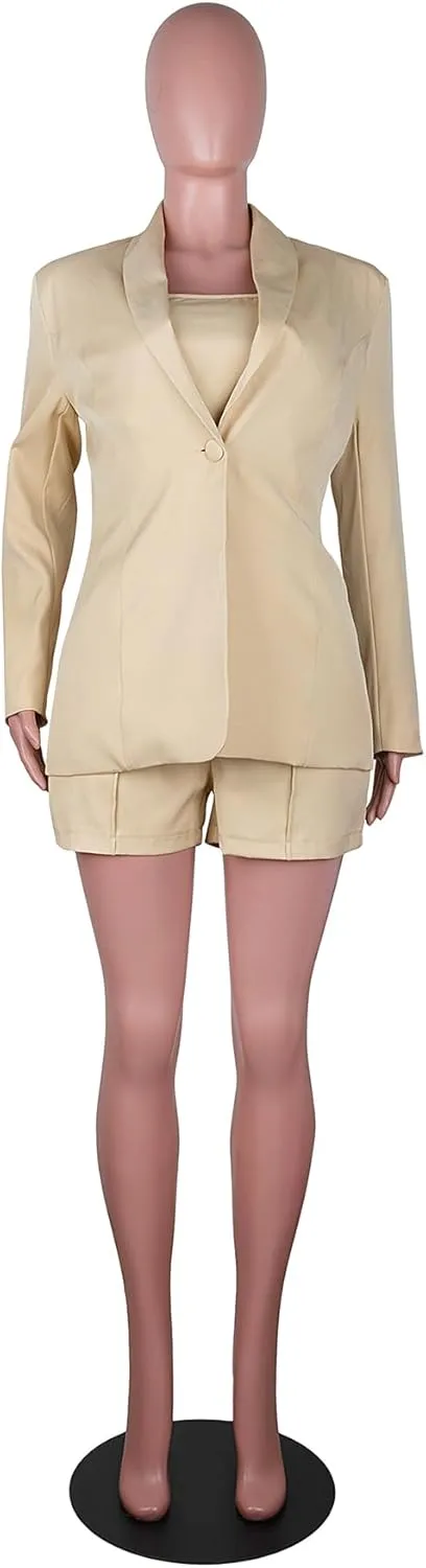 NRTHYE Women Sexy Bussiness Outfits 3 Piece Open Front Button Blazers   Crop Tops   Belted Shorts Set Jumpsuits
