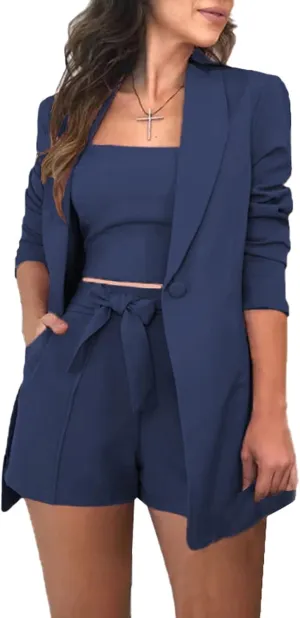NRTHYE Women Sexy Bussiness Outfits 3 Piece Open Front Button Blazers   Crop Tops   Belted Shorts Set Jumpsuits
