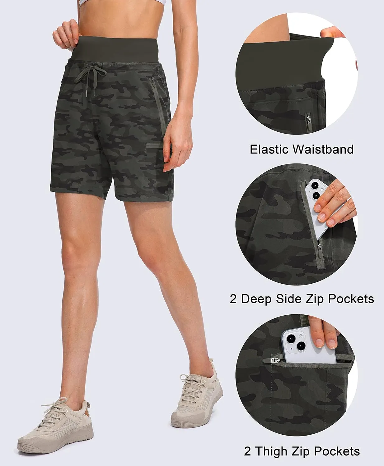 Obla Women's Hiking Cargo Shorts Zipper Pockets Soft High Waisted Quick Dry 7 Inch Long Shorts for Women Golf Athletic Summer