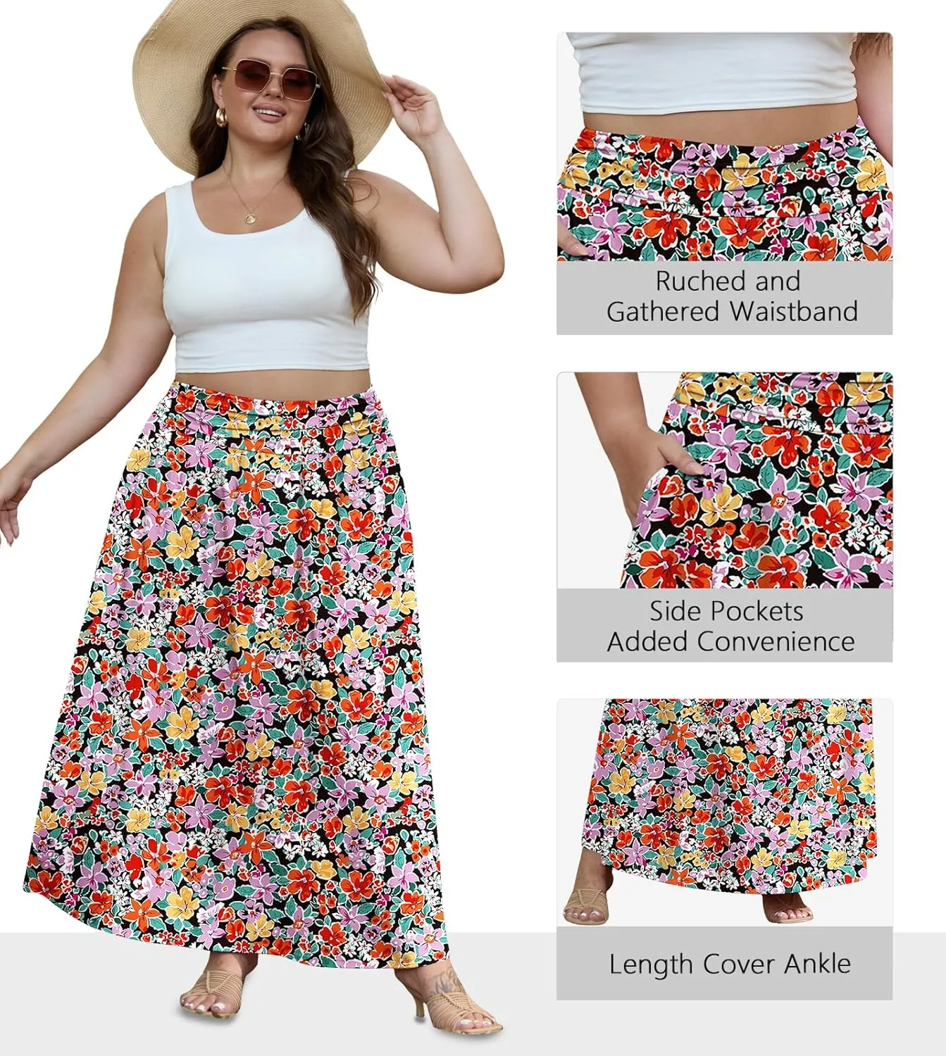 OLRIK Plus Size Maxi Skirt with Pockets 2025 Summer Elastic High Waisted A-Line Flowy Long Skirts