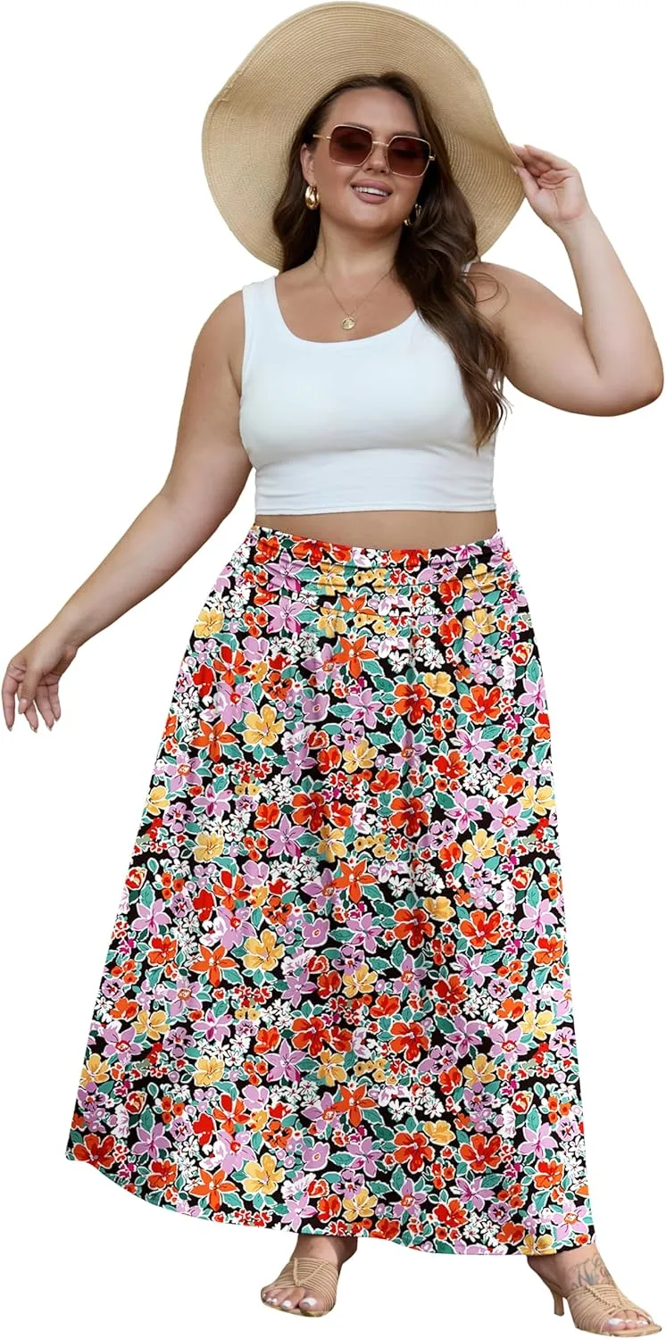 OLRIK Plus Size Maxi Skirt with Pockets 2025 Summer Elastic High Waisted A-Line Flowy Long Skirts