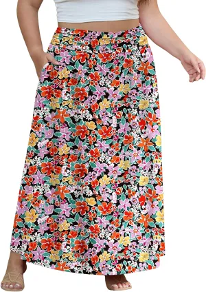 OLRIK Plus Size Maxi Skirt with Pockets 2025 Summer Elastic High Waisted A-Line Flowy Long Skirts