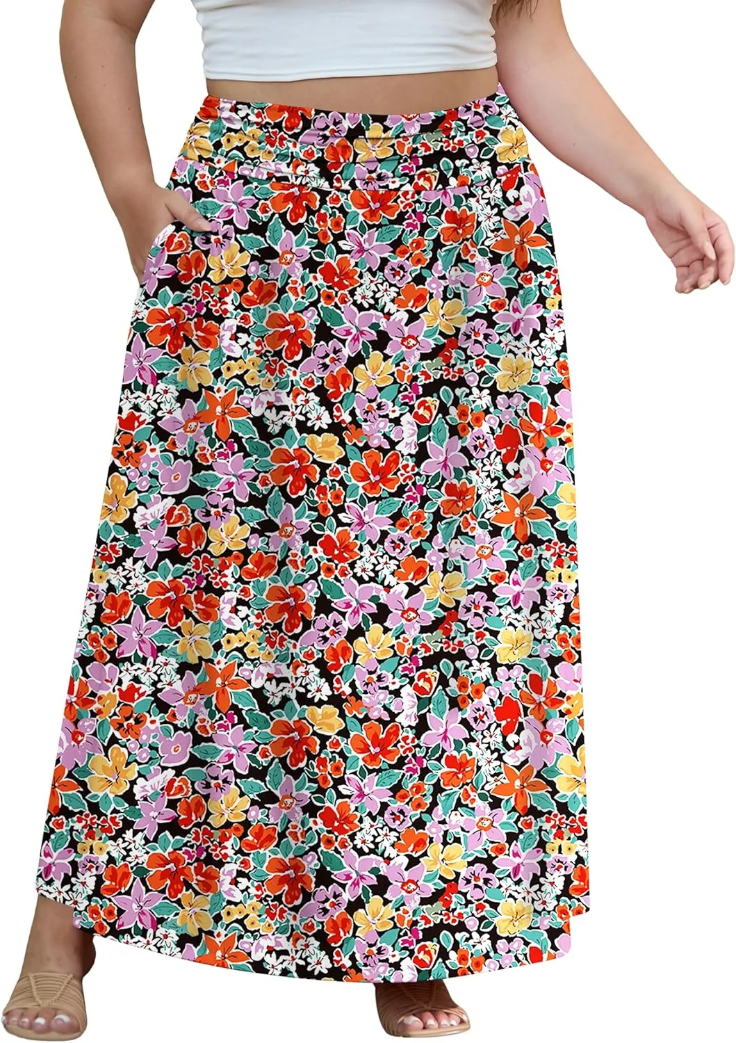 OLRIK Plus Size Maxi Skirt with Pockets 2025 Summer Elastic High Waisted A-Line Flowy Long Skirts