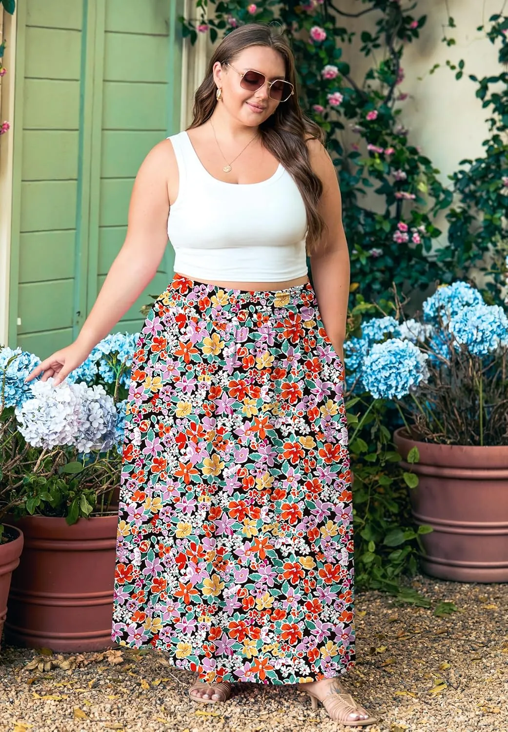 OLRIK Plus Size Maxi Skirt with Pockets 2025 Summer Elastic High Waisted A-Line Flowy Long Skirts