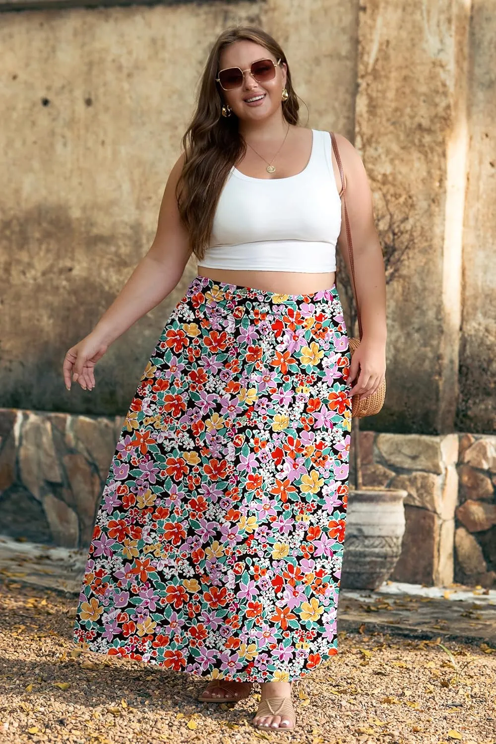 OLRIK Plus Size Maxi Skirt with Pockets 2025 Summer Elastic High Waisted A-Line Flowy Long Skirts