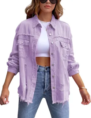 Omoone Women's Ripped Distressed Denim Jacket Casual Long Sleeve Boyfriend Jean Coat Basic Trucker Jackets
