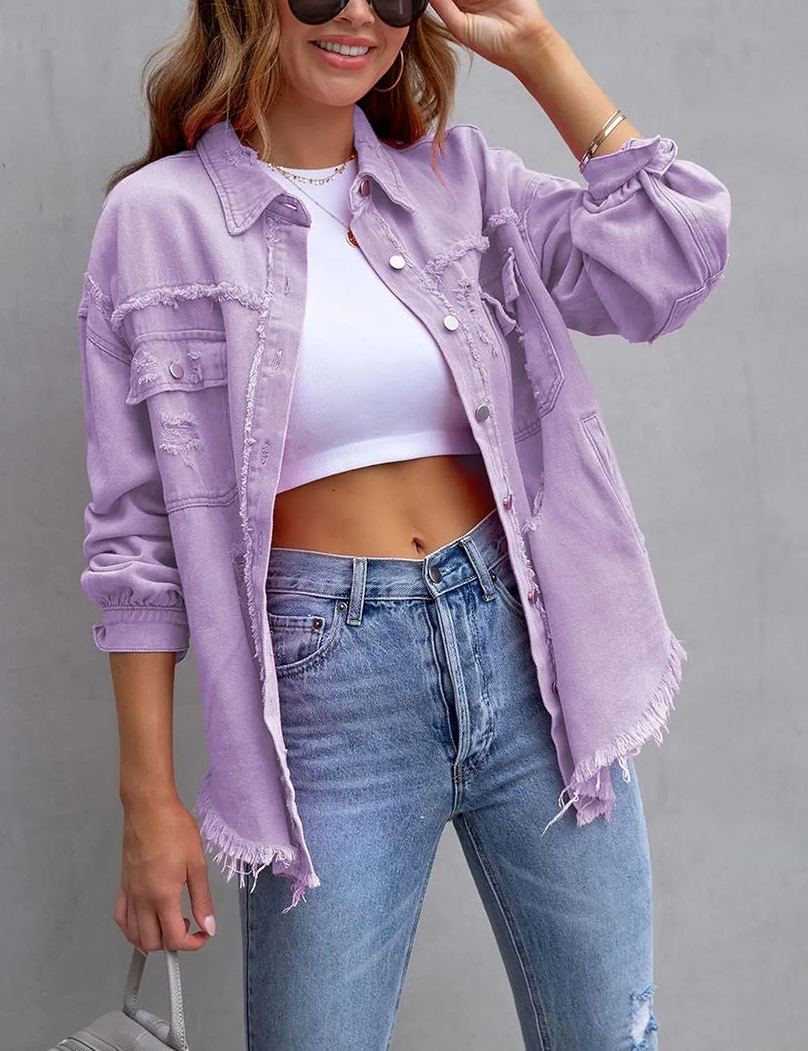 Omoone Women's Ripped Distressed Denim Jacket Casual Long Sleeve Boyfriend Jean Coat Basic Trucker Jackets