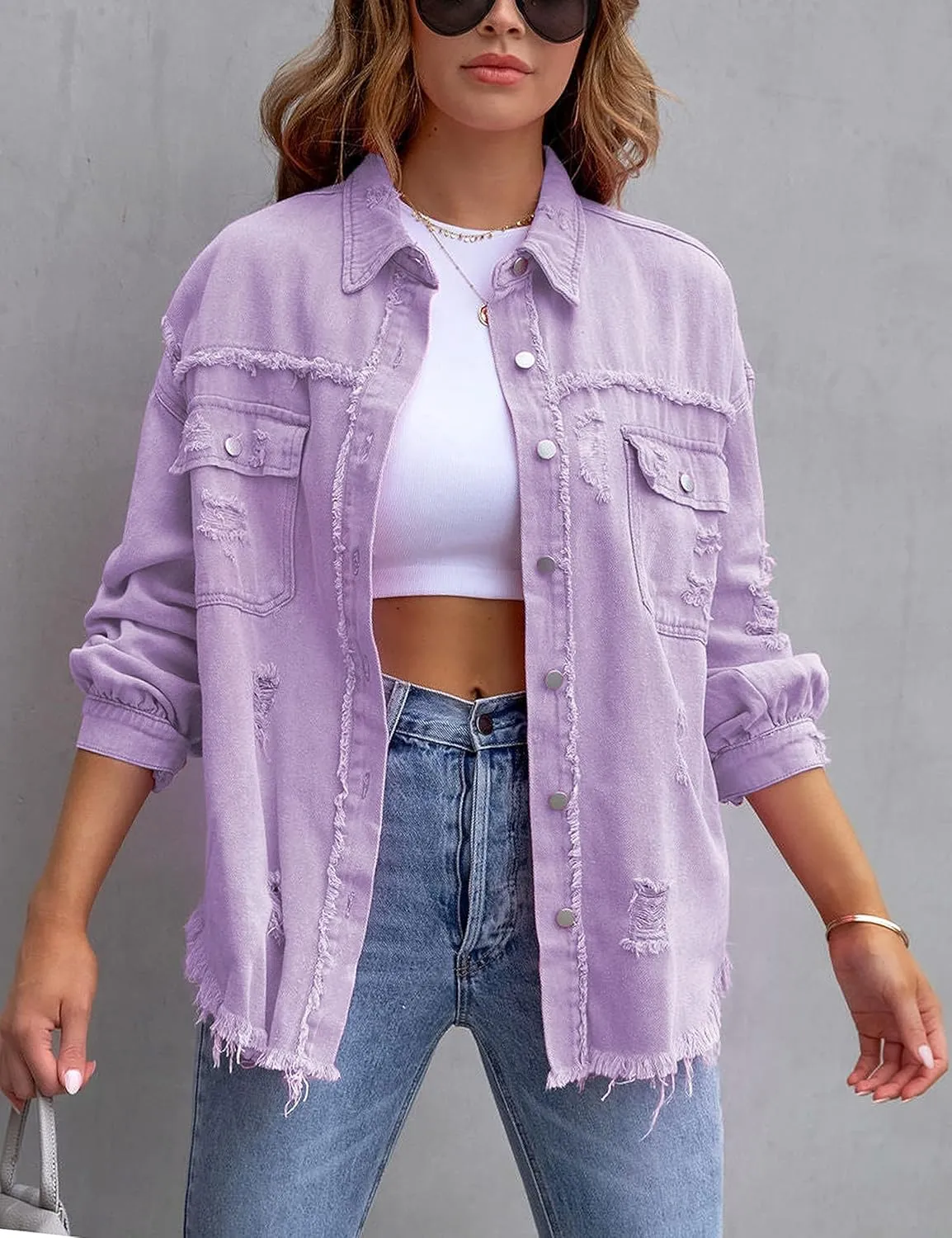 Omoone Women's Ripped Distressed Denim Jacket Casual Long Sleeve Boyfriend Jean Coat Basic Trucker Jackets