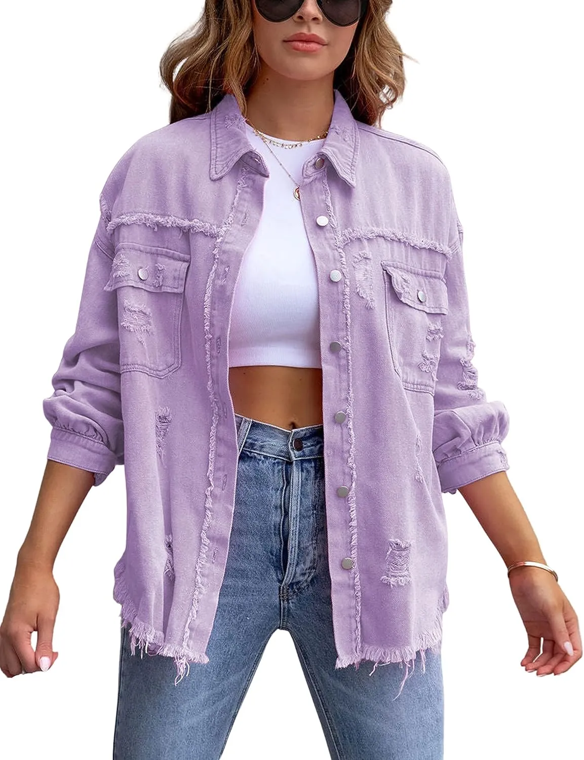 Omoone Women's Ripped Distressed Denim Jacket Casual Long Sleeve Boyfriend Jean Coat Basic Trucker Jackets