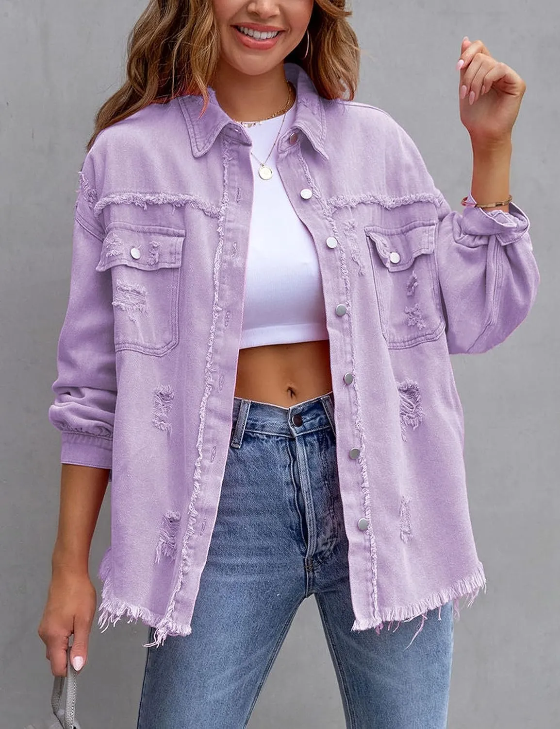 Omoone Women's Ripped Distressed Denim Jacket Casual Long Sleeve Boyfriend Jean Coat Basic Trucker Jackets