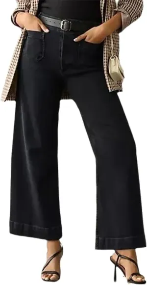 Oprah's Favorite Women's High Waisted Tummy Control Sailor Wide Leg Trouser Cropped Wide Leg Baggy Stretchy Denim Jean