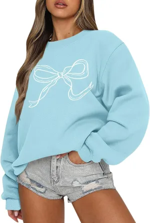 Oversized Crewneck Sweatshirt Women Cute Bow Graphic Sweatshirts Long Sleeve Fleece Pullover Bow Sweater Y2k Tops