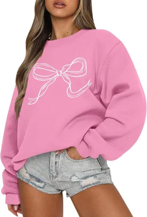 Oversized Crewneck Sweatshirt Women Cute Bow Graphic Sweatshirts Long Sleeve Fleece Pullover Bow Sweater Y2k Tops
