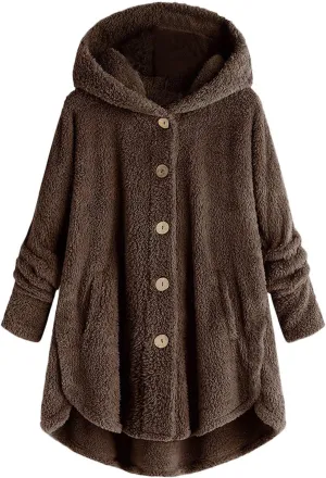 Oversized Sherpa Sweatshirt Fuzzy Fleece Soft Warm Pullover Sweater Button Hoodie Pocket Plush Coat