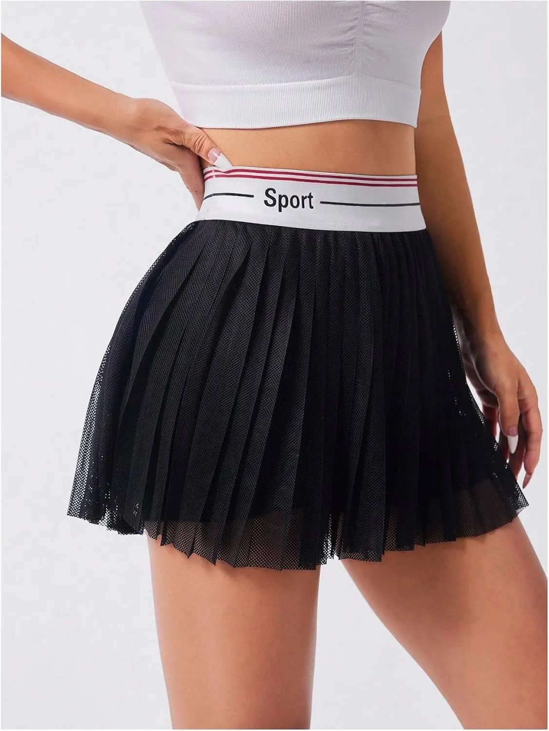 OYOANGLE Women's Letter Tape Mesh Pleated Tennis Skirt Sports Active Golf Skorts with Shorts