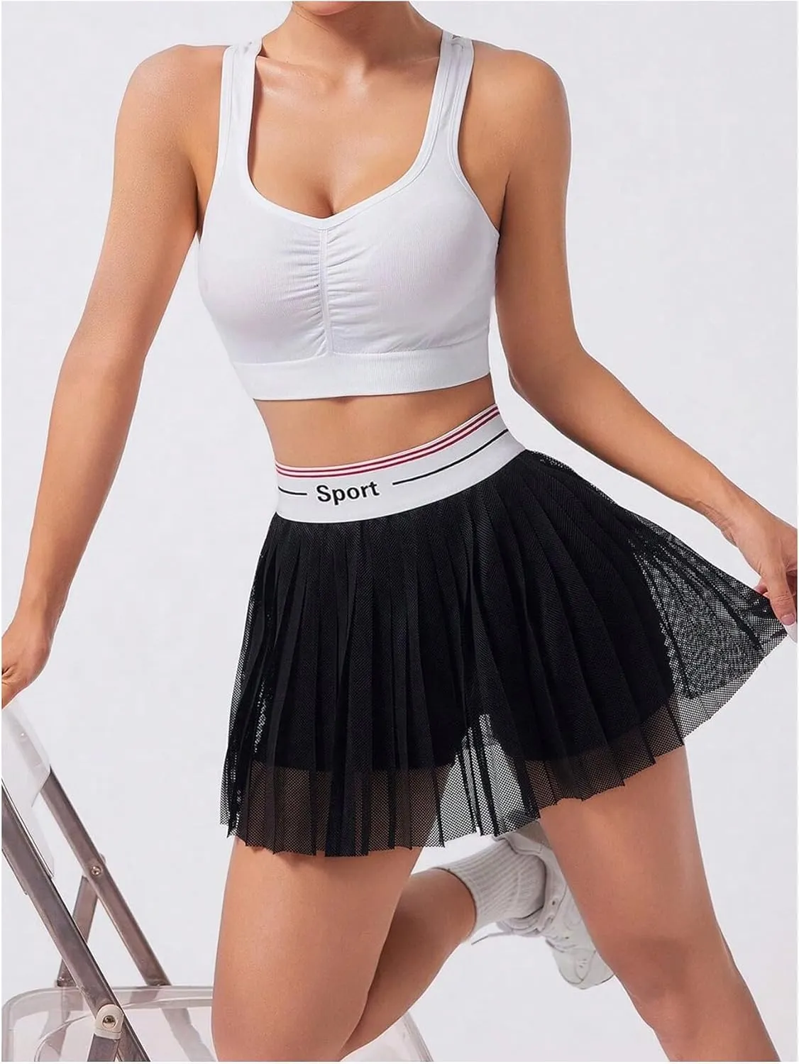 OYOANGLE Women's Letter Tape Mesh Pleated Tennis Skirt Sports Active Golf Skorts with Shorts