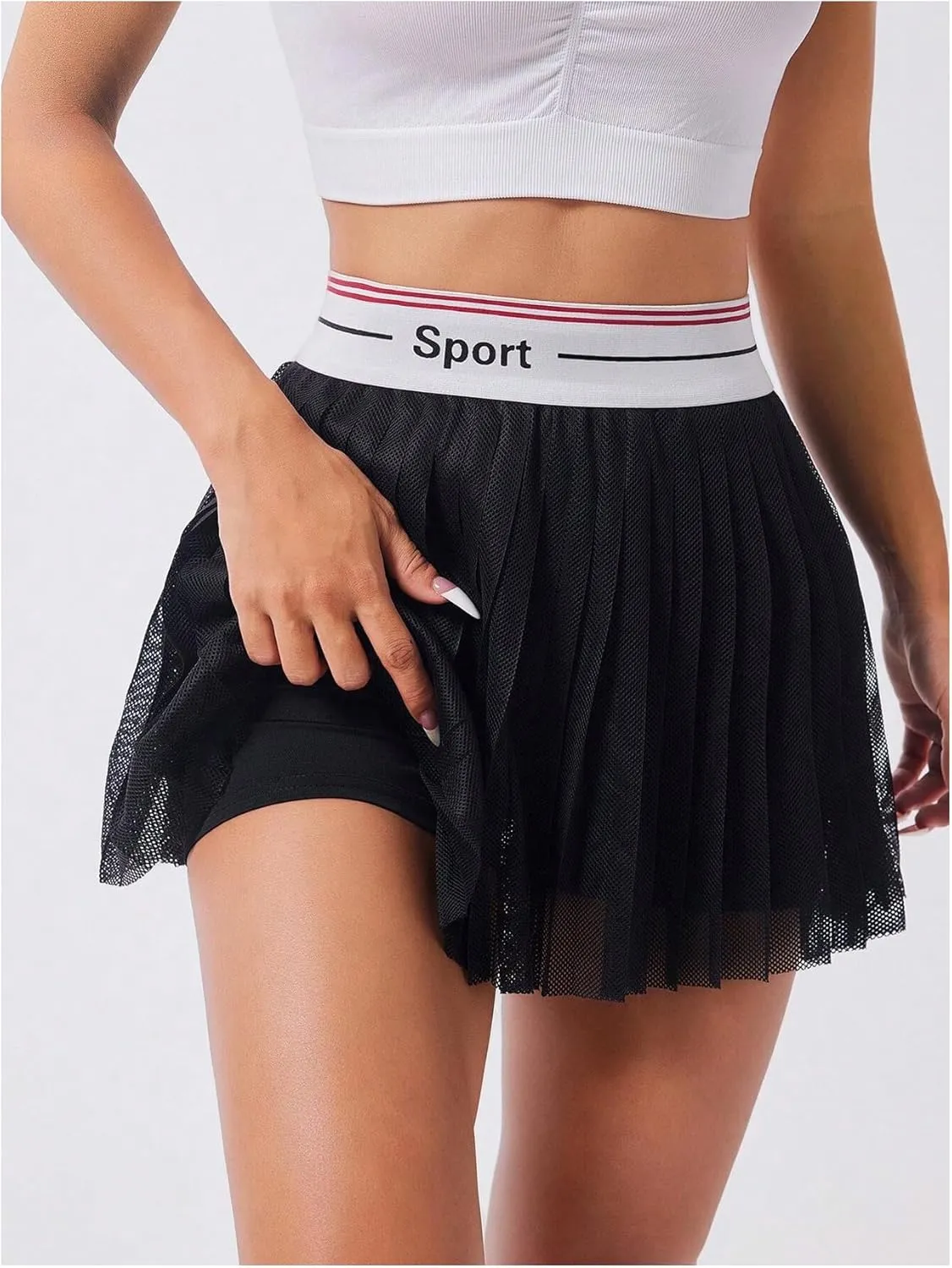 OYOANGLE Women's Letter Tape Mesh Pleated Tennis Skirt Sports Active Golf Skorts with Shorts