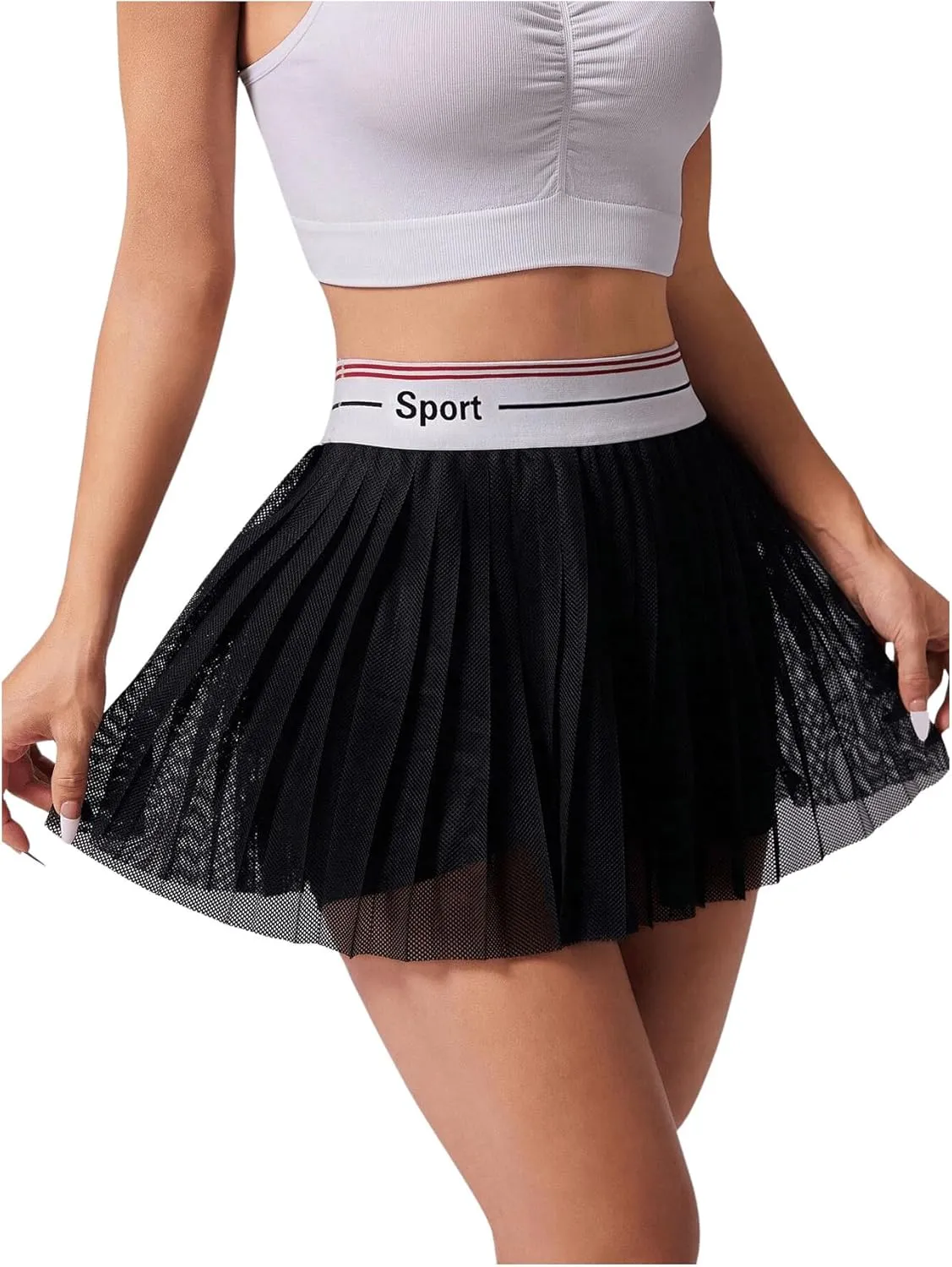 OYOANGLE Women's Letter Tape Mesh Pleated Tennis Skirt Sports Active Golf Skorts with Shorts