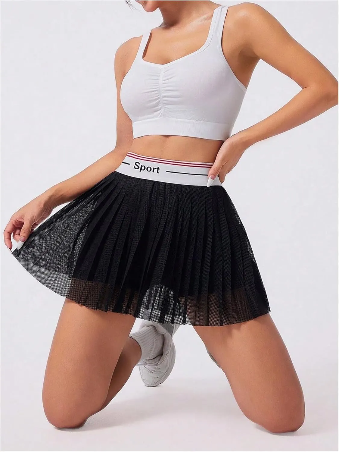 OYOANGLE Women's Letter Tape Mesh Pleated Tennis Skirt Sports Active Golf Skorts with Shorts