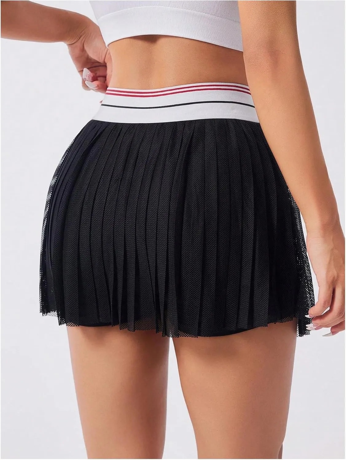 OYOANGLE Women's Letter Tape Mesh Pleated Tennis Skirt Sports Active Golf Skorts with Shorts