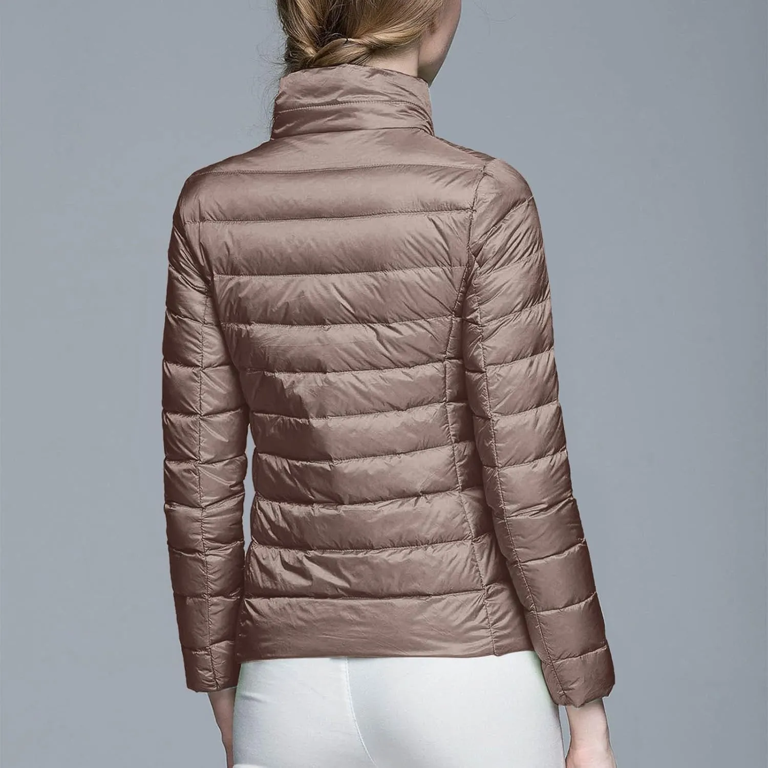 Packable Down Jacket Women Lightweight Full Zip Puffer Jackets Casual Warm Stand Collar Quilted Winter Coat with Hood